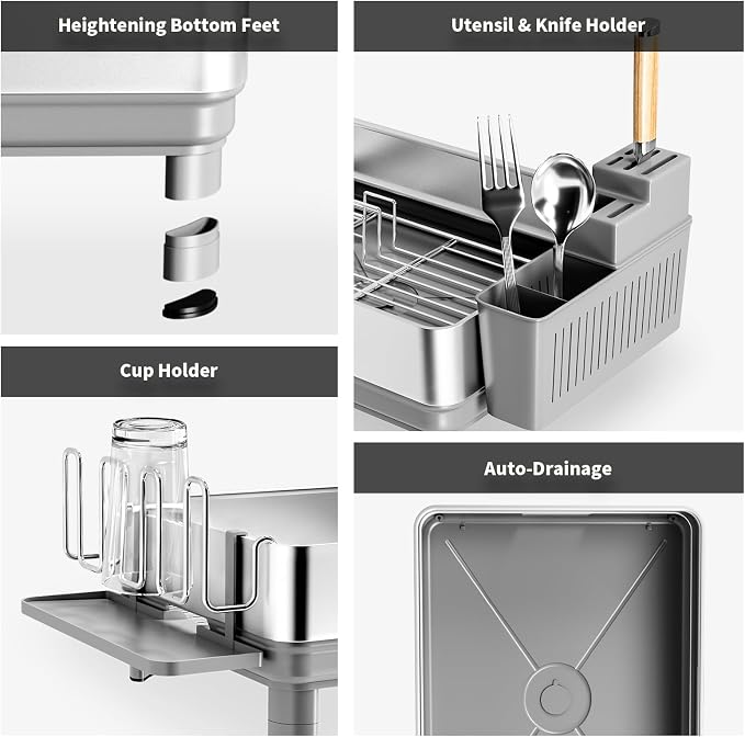 Dish Drying Rack, 304 Stainless Steel Dish Racks for Kitchen Counter | Dish Drainers with Automatic Drainage, Utensil Holder & Cups Holder, Space Saving Kitchen Organizer, Gray