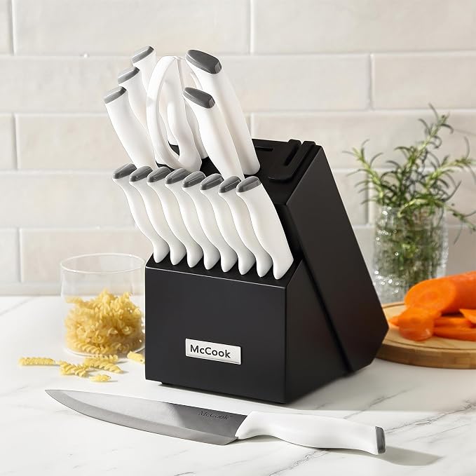 McCook Kitchen Knife Set 24PC Knife Block Set w Built-in Sharpener | German Forged Stainless Steel, Razor Sharp, Anti-Rust,Restaurant Grade,Ergonomic Handles,Full Tang,Gift Box