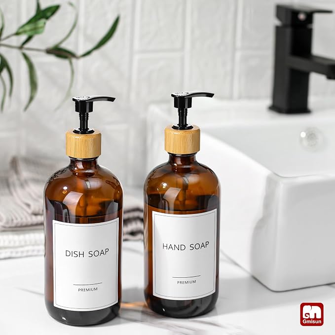 GMISUN Amber Glass Soap Dispenser, 2 Pack Bathroom Hand Soap Dispensers with Bamboo Pump, 17 Fl Oz Kitchen Hand and Dish Soap Dispenser Set, Modern Vintage Liquid Brown Soap Dispensers Bottle