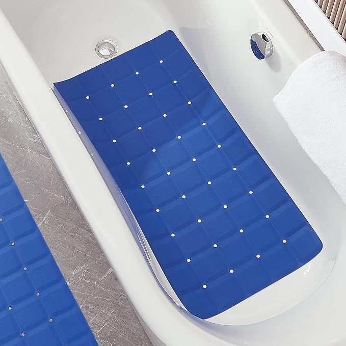 Webos Foldable Silicone Bathtub Mat: Jumbo Size Heavy Duty Safety Bath Mat for Tub Without Suction Cups Non Slip Bath & Shower Mat for Textured, Reglazed, Refinished Tub (Navy Blue, 35.8 x 17.7)