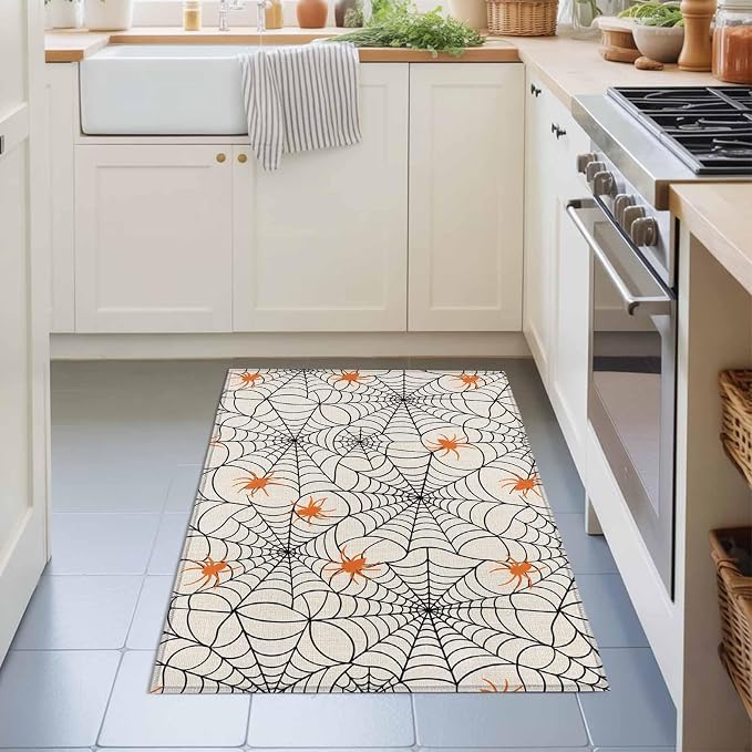 Entryway Area Rug 2'x3', Halloween Washable Small Area Rugs for Kitchen Bathroom Bedroom Office Laundry, Black Net Classic Spiders Gingham Orange Rustic Door Mat Indoor Entrance Floor Throw Carpet