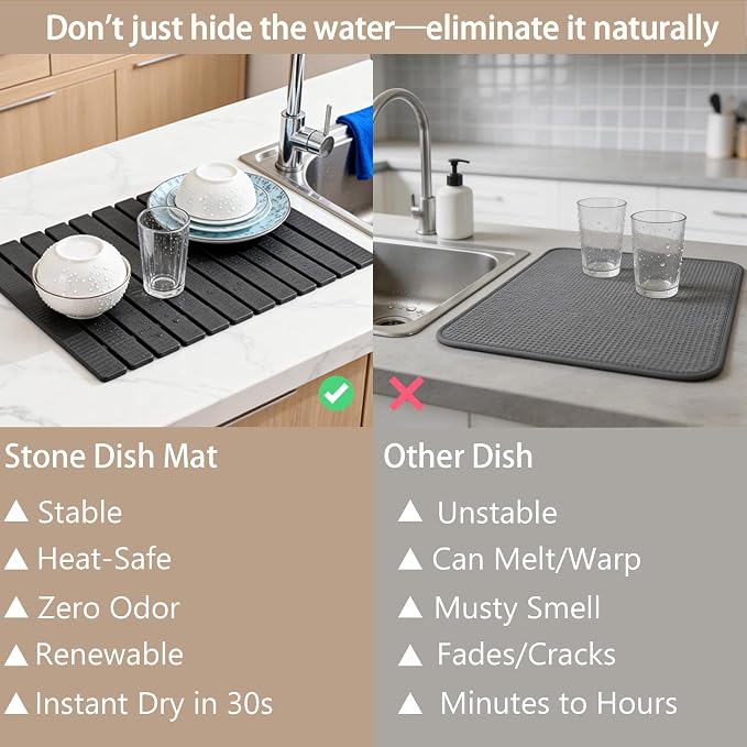 Large Stone Drying Mat for Kitchen Counter, Quick Dry Stone Drying Mat, Foldable Water Absorbing Diatomaceous Earth Dish Drying Mat for Plate Rack Bottles Utensils(Dark Gray 24"×16" & 4" Coaster)