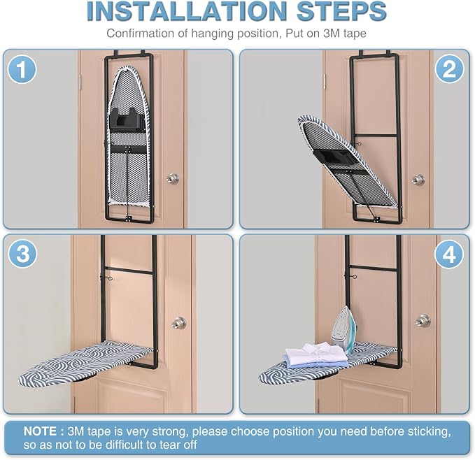 KINGBOARD Over Door Ironing Board, Hanging Ironing Board with Iron Holder, 36" X 12" Compact Fold Down Iron Board for Small Spaces, Removable Heat Resistant Cover, Blue