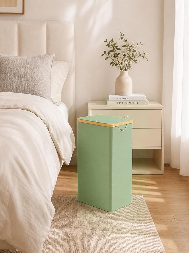 iEGrow Laundry Basket with Lid, 110L Large Laundry Hamper with Banboo Handle, Dirty Clothes Hamper with Removable Inner Bag for Laundry Room Organization- Green