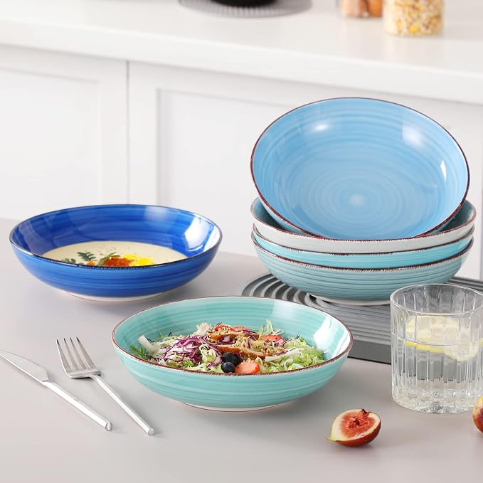 vancasso Bonita 38 oz Ceramic Pasta Bowls Set of 6, Microwave & Dishwasher Safe, 8.5 Inch Elegant Shallow Bowls Set for Pasta, Salad, & Soup – Large Capacity Pasta Plates Sets, Blue
