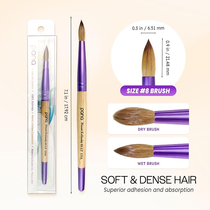 PANA Pure Kolinsky Hair Acrylic Nail Brush - Round Shape Purple Ferrule with Beige Wood Handle (Size 8)
