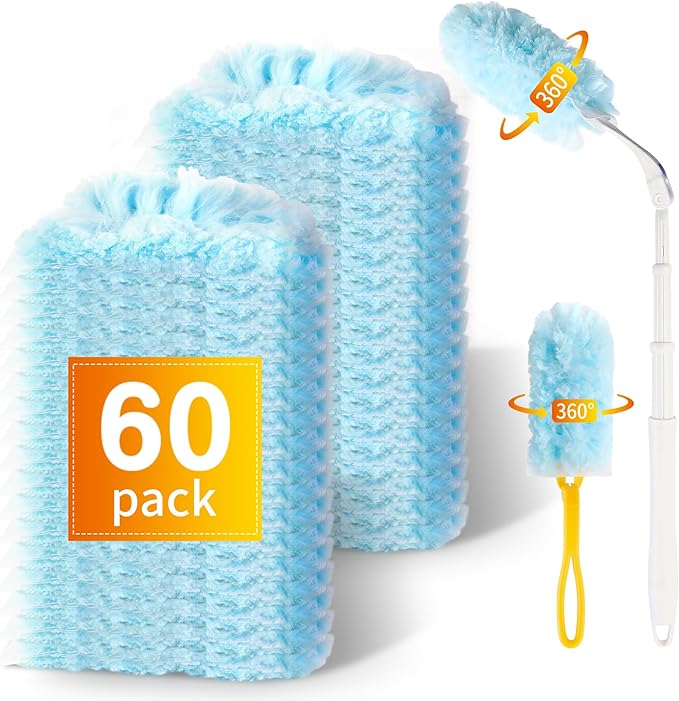 60 Duster Refills with Handle, Multisurface 360 Dusters with 3ft Extendable Handle and 1 Short Handle, Disposable Duster Kit for Dusting Furniture Blinds Fans Wall (60 Duster Refills + 2Handles)