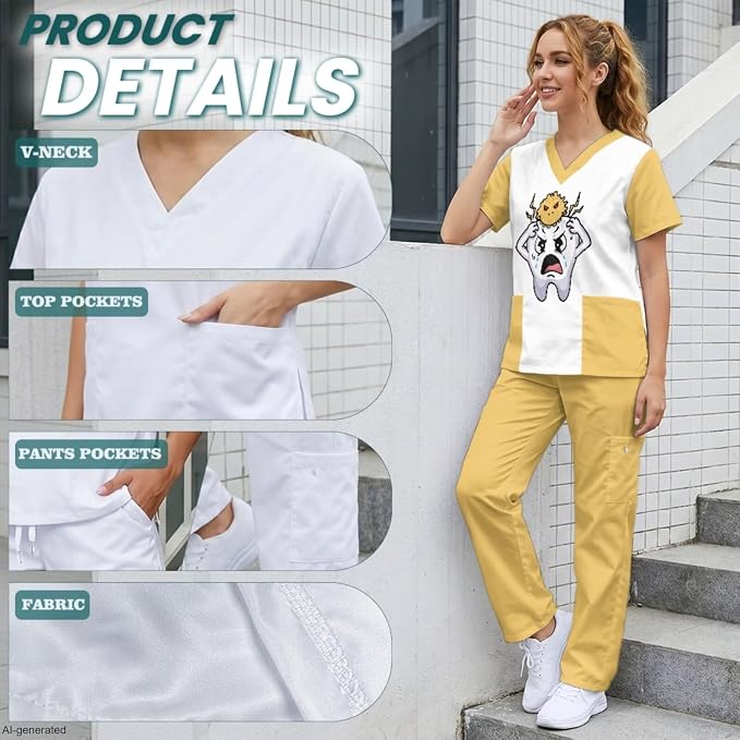 Gomyblomy Women's Scrubs Suit 3-Piece Set | Teeth Print V-Neck Top & Pants & Cap, Breathable and Stretch Fabric, S-5XL