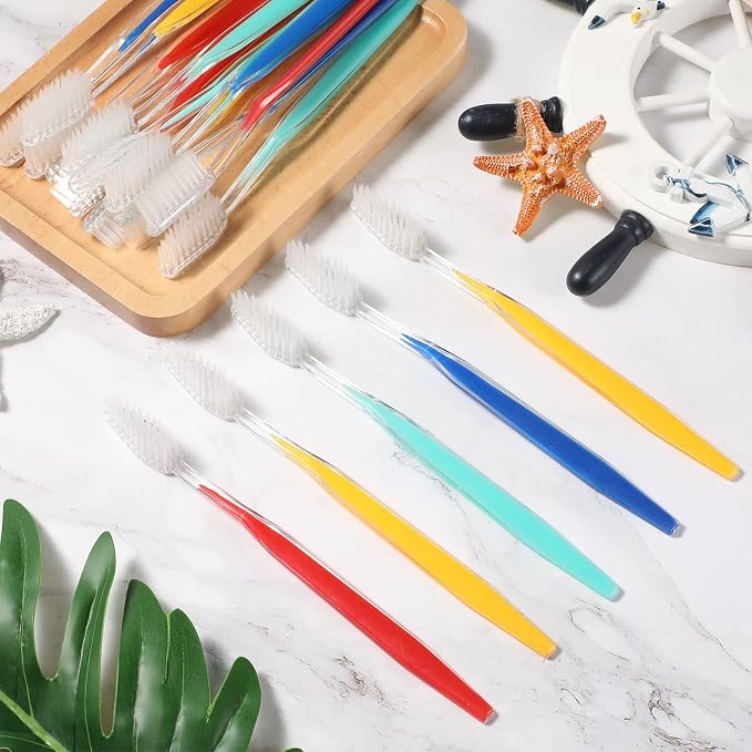Patelai 100 Pcs Disposable Travel Toothbrush Bulk Individually Wrapped Toothbrush Pack Medium Soft Bristle Manual Disposable Colorful Tooth Brush for Adult Work Travel Hotel Donation (Vivid)
