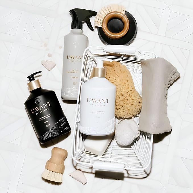 L'AVANT Collective Luxury Home Essentials | High Performing Dish Soap, Hand Soap, Multipurpose Cleaner Spray, Scrub Brush, Lucite Tray | Luxurious Ingredients Reusable Bottles (Fresh Linen)