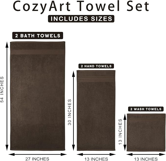 COZYART Luxury Bath Towel Set 6 Pcs, Brown 100% Turkish Cotton 650 GSM | OEKO-Tex 100 Certified Zero Twist Ring Spun, Soft Absorbent Quick Dry, Plush Fluffy, Breathable Hotel Quality for Daily Use