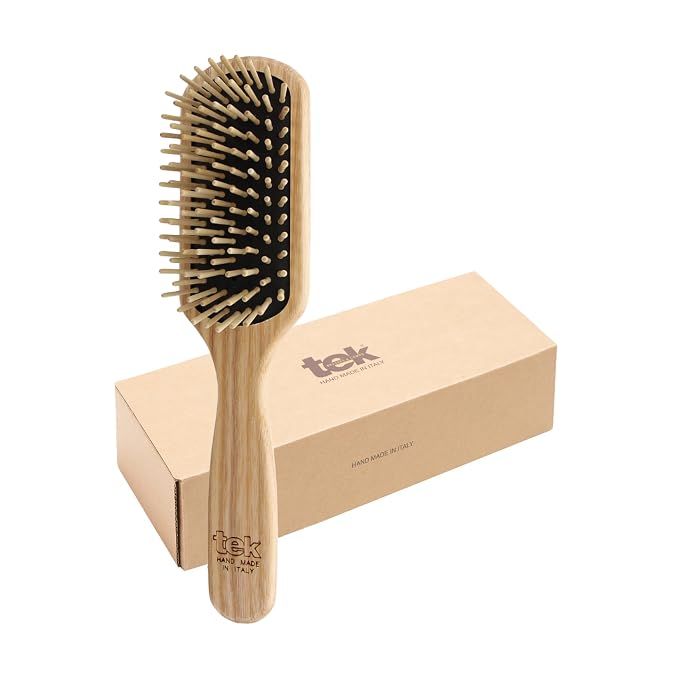 TEK | Rectangular Wooden Hair Brush Medium with Short Rounded Teeth in Natural Ash Wood, Ideal for Detangling, Styling and Daily Care of Short and Medium-Lenght Hair | 22x5.5cm | Handmade in Italy