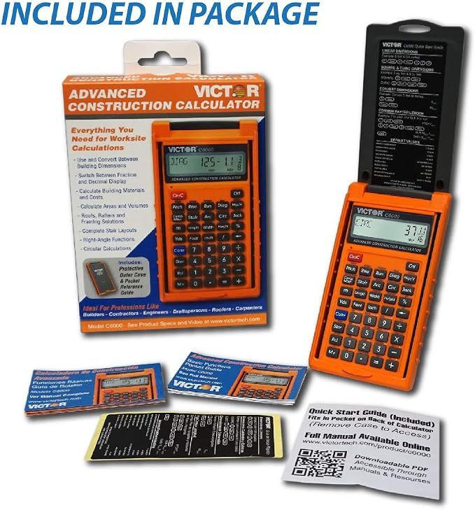 Victor C6000 Advanced Construction Calculator with Protective Case Displays in Fractional or Dimensional Forms Perfect for Carpenters, Renovators,Builders, Contractors, Estimators