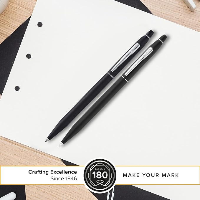 Cross Classic Century Refillable Pen & Pencil Gift Set Presented in a Luxury Gift Box - Medium Point, Black Ink, Black & Chrome