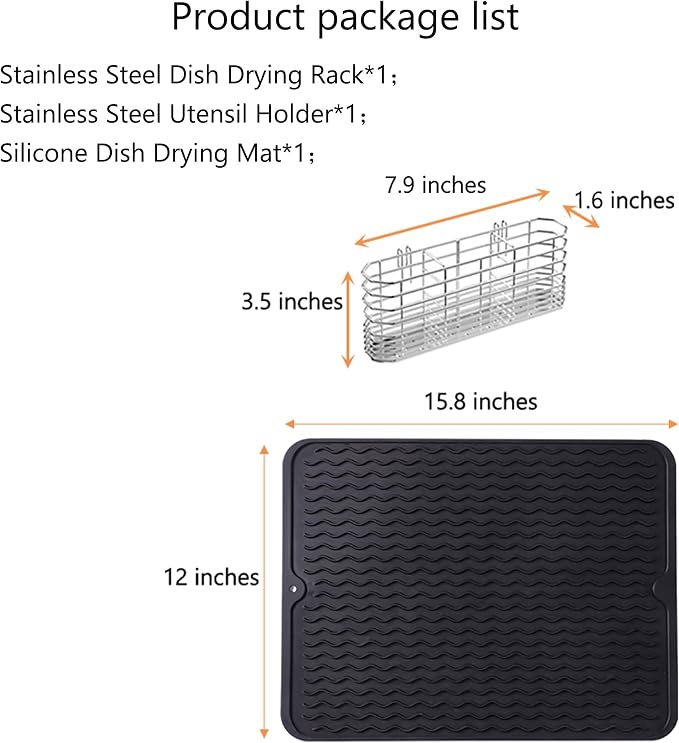 NiuYichee Stainless Steel Dish Drying Rack(15" L X 12.6" W X 4.7" H), Expandable Fruit & Vegetable Drain Rack Over Sink, Dish Drainer Rack in Sink, with Utensil Holder & Silicone Mat(16")