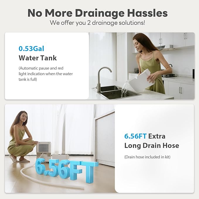 FreAire 2500Sq.Ft Dehumidifier for Basement with 6.56FT Drain Hose, 34Pint Dehumidifiers for Home, 40dB Quiet Dehumidifier for Bedroom, Bathroom, 2L Water Tank, 3-Color Humidity Light