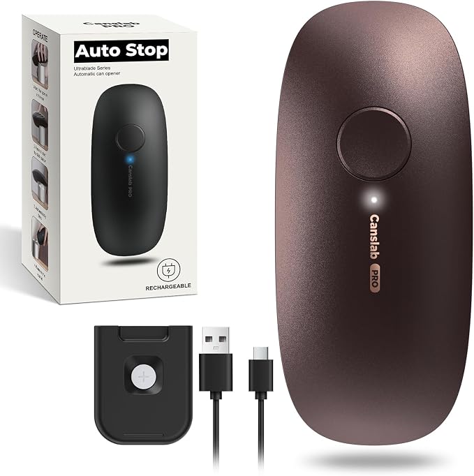 Canslab Ultrablade PRO Electric Can Opener,USB Rechargeable,Smart Auto Stop | Automatic Can Opener for Seniors with Arthritis, Handsfree Side Cut with Smooth Edge, Cordless, Kitchen Wall Mountable, Brown
