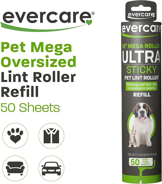 Evercare 10-Inch Mega All-Purpose Pet Hair Lint Roller Refill, 50 Sheets – Sticky Roller for Pet Hair, Cat & Dog_Hair Remover, Lint Remover, Pet_Hair_Remover for Furniture, Clothing & Cars (Pack of 3)
