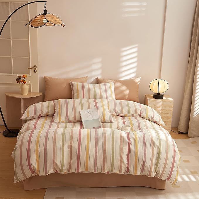 mixinni Vintage Striped Duvet Cover Set Full, 3-Piece Washed Cotton Bedding Set - Soft, Breathable & Colorful Marble Stripe Pattern, All-Season Comforter Cover with Zipper-Full Size