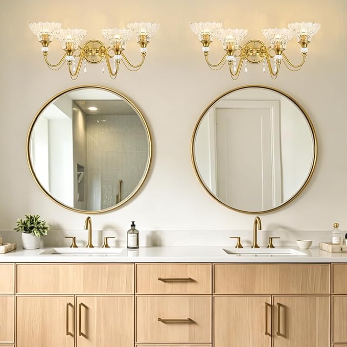 Vintage Bathroom Vanity Light, 4-Light Brushed Gold Finish Wall Sconce with Hanging Crystal Accents and Flower-Shaped Clear Glass Shades, Retro Wall Mount Vanity Light Over Mirror for Bathroom