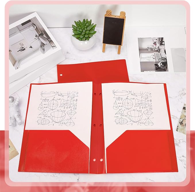 Yeaqee 100 Pcs Plastic Folders with Pockets Bulk 3 Hole Punched 2 Pocket File Folders for 3 Ring Binder Divider Folder for Notebooks, Durable Poly for Office Home (Red)