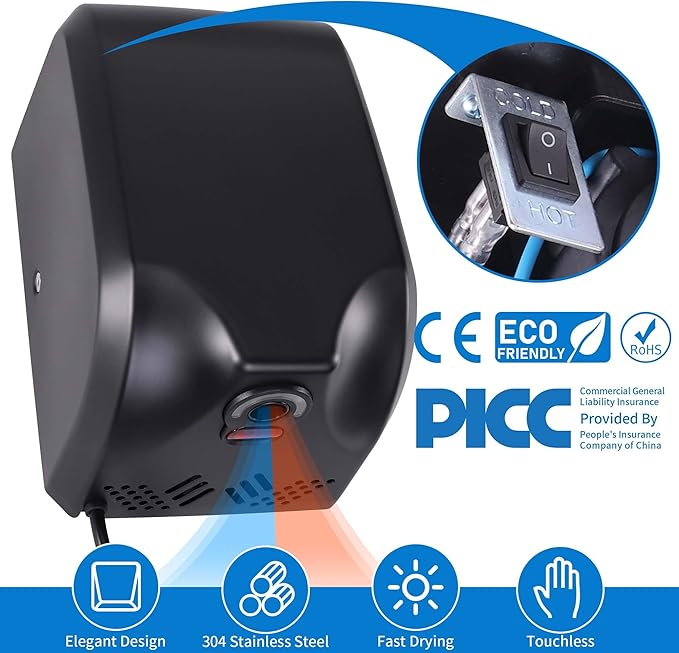Goetland 304 Stainless Steel Hand Dryer Commercial Compact 1350w 70dB Heavy Duty Dull Polished for Bathroom Home Business Apartment
