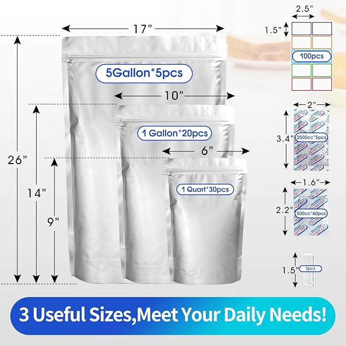 15 Mil 5 Gallon Mylar Bags for Food Storage with 2500cc Oxygen Absorbers - 55 Pack Mylar Bags Include 5 Gallon, 1 Gallon,1 Quart, 100 Pcs Labels and 500cc Oxygen Absorbers for Long Term Food Storage