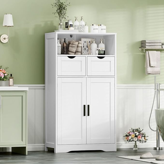 Iwell Bathroom Cabinet with Doors and Drawers, Freestanding Bathroom Storage Cabinet, Adjustable Shelves, for Living Room, Kitchen, Home Office, White