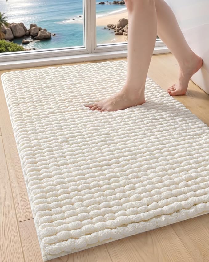 DEXI Bathroom Rugs 30x17, Non Slip Washable Bath Mat, Luxury Chenille Super Absorbent Ultra Thick Bathmats for Shower Floor, Plush Fluffy Shaggy Carpet for Tub, Cream