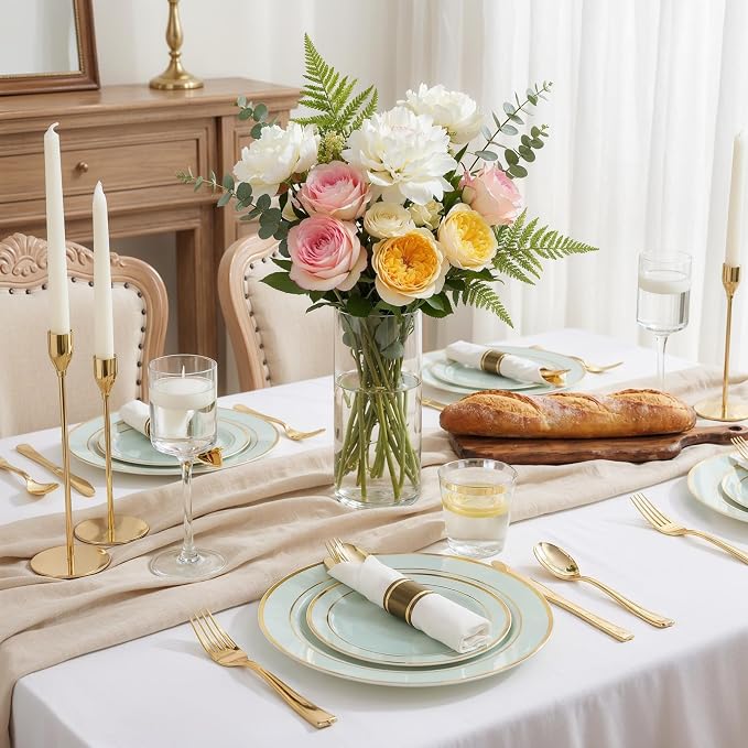 WDF Partyware 175PCS Sage Green Plastic Plates - Heavy Duty Green Plates Disposable - 25Guests Plastic Dinnerware with Rolled Napkins for Spring/Birthday/Baby Shower
