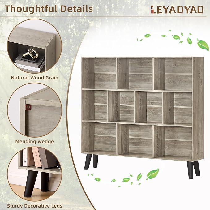 LEYAOYAO 10 Cube Bookshelf,Mid-Century Modern Bookcase with Legs,Retro Grey | 3 Tier Book Shelf,Rustic Wood Bookshelves Freestanding Large Storage Organizer, Open Shelves for Bedroom, Living Room, Office