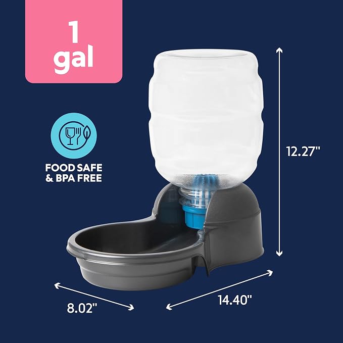 Petmate Replendish Automatic Dog Water Dispenser Gravity Pet Waterer with Microban Protection Base, 100% BPA Free - 1 Gallon, Wide Mouth Bowl, with 2 Extra Filters