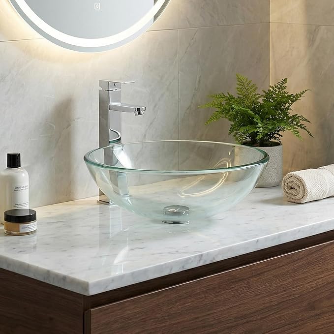 Bathroom Vessel Sink, Tempered Glass Vanity Round Bowl, Clear | Chrome Faucet, Pop Up Drain, Above Counter, Easy Clean