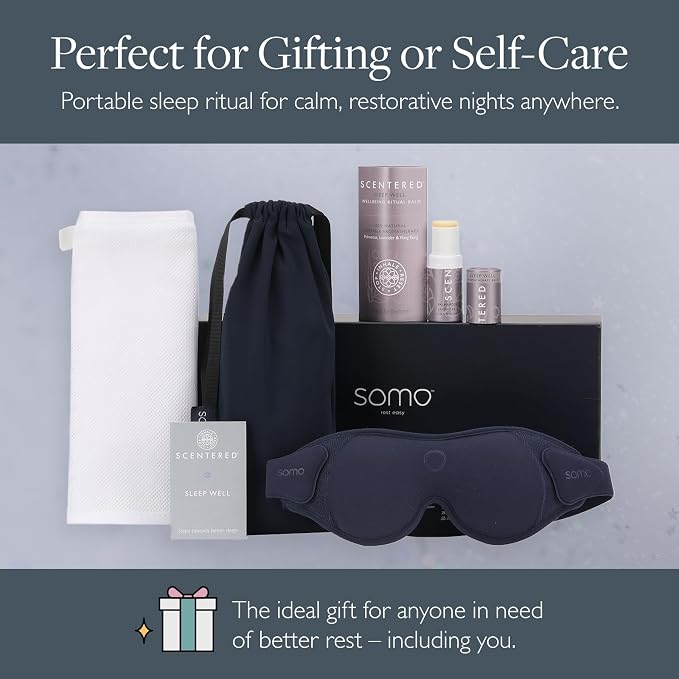 Scentered x SOMO Luxury Blackout 3D Sleep Mask for Side Sleepers & Sleep Well Aromatherapy Balm - Acupressure Eye Mask with Eyelash Space, Hypoallergenic - 4-in-1 Sleep Gift Set with Pouch & Wash Bag