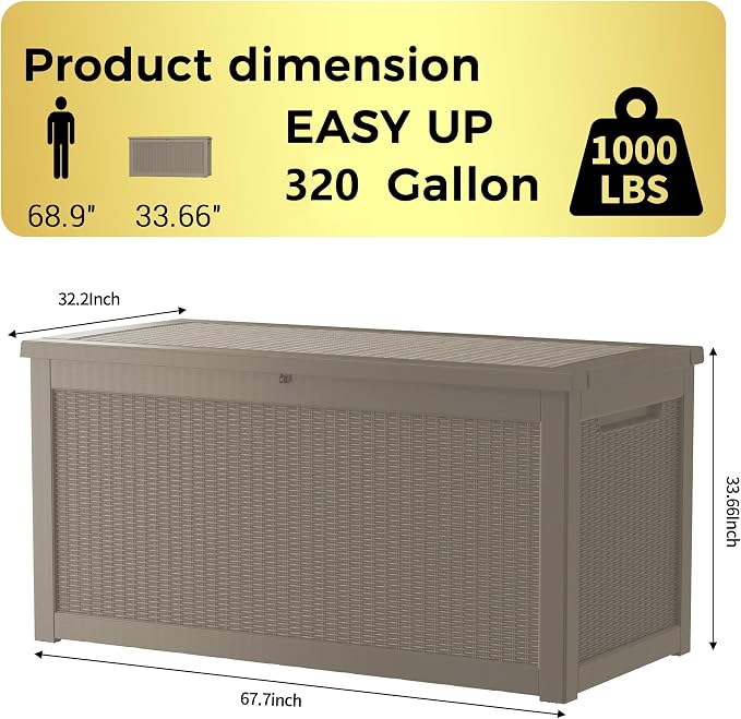 TARKARI 320 Gallon Lockable Resin Deck Box, Waterproof & UV-Resistant Outdoor Storage Box for Outdoor Cushion Storage, Garden Tools & Pool Accessories Storage, Gray