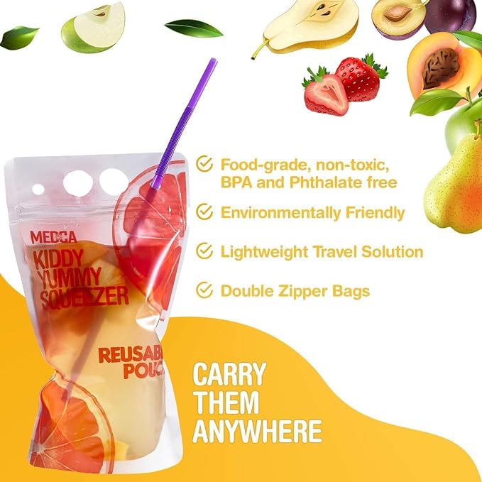 Reusable Drink Pouches - 200 Clear Drink Bags with 200 Straws - Double Zipper Reusable Smoothie Pouches Juice, Clear Zipper Pouch Storage Bags, Leak-Free and BPA Free