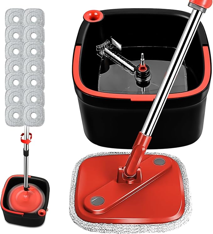 Spin Mop and Bucket Set with Self Separation Dirty and Clean Water System with 14 Pads, Square Mop Bucket Self Wringing 360° Rotating Clean Mop-Head for Hardwood Tile Marble Floors (Black+Red