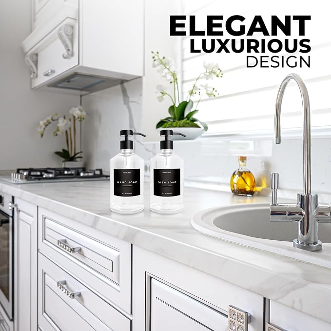 Luxury Glass Soap Dispenser Set of 2 - Elegant Clear Glass Bottles with Matte Black Stainless Steel Pumps, Kitchen Soap and Bathroom Hand Soap Dispenser, Perfect Pump All Homes.