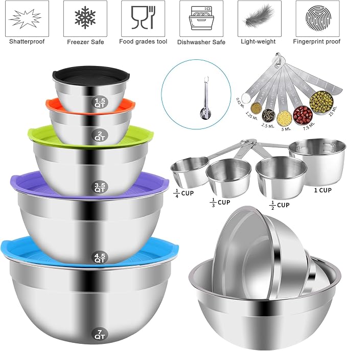 WEPSEN Mixing Bowls with Lid Set, 25PCS Kitchen Utensils Metal Bowl Stainless Steel Nesting Bowls, Measuring Cups and Spoons, Egg Whisk for Baking Prepping Cooking Serving Supplies