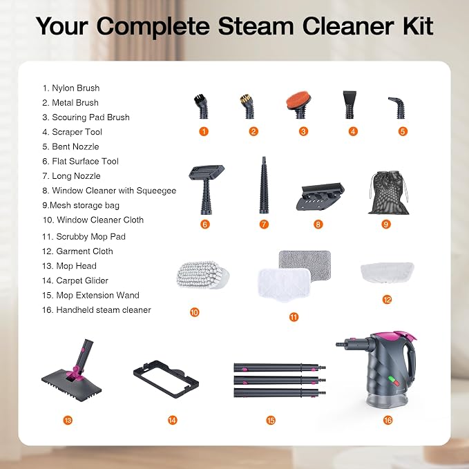 Steam Cleaner, 10-in-1 Steam Mop with Detachable Handheld Steamer, 320ml Water Tank, 10s Fast Heating, Portable Steamer for Kitchen, Floor, Tiles, Window, BBQ Grill, Car
