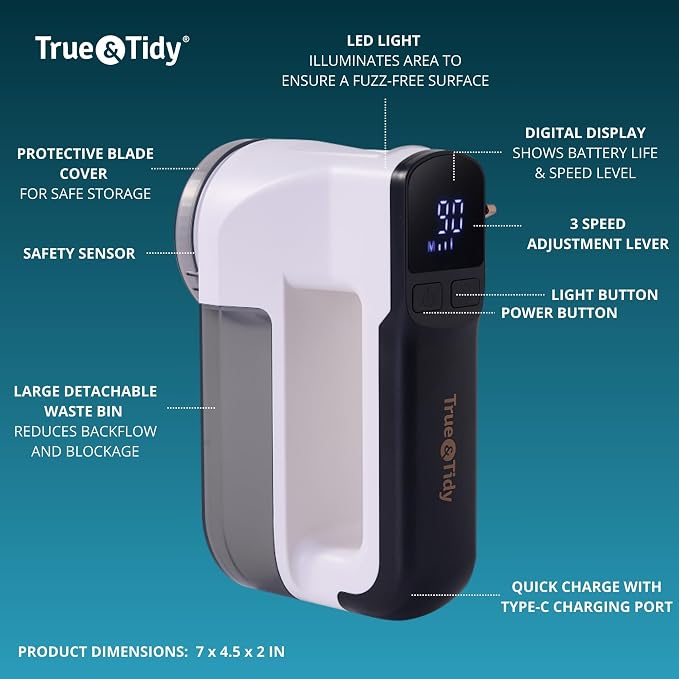 True & Tidy LED Turbo Fabric Shaver | Cordless Lint Remover with Digital Display & 3 Speeds – Perfect for Clothes, Couch & Furniture Defuzzing, White