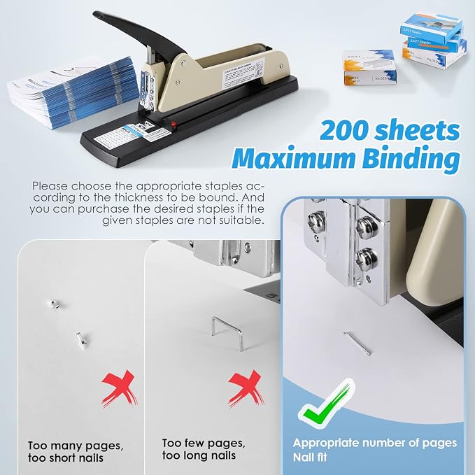 Long Reach Stapler, Heavy Duty Long Arm Stapler, 200 Sheets Capacity, 4000 Staples Gift, 9.84” Adjustable Stapling Depth Suitable for Booklets & Office Document, Fixable Paper Guide