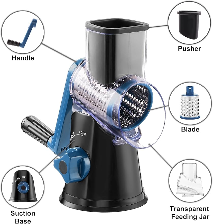 Cheese Grater Rotary, Rotary Grater for Kitchen, Kitchen Vegetable Slicer with 3 Drum Blades, Fast Cutting Cheese Shredder for Vegetables and Nuts