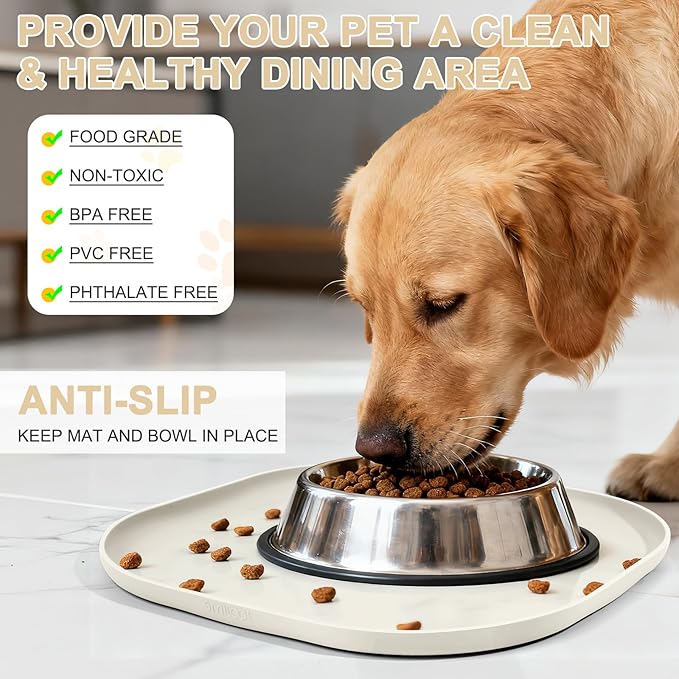 SMILOOL Waterproof Silicone Pet Food Mat with Raised Edge for Dog & Cat | 12" x 12" Non-Slip Small Pet Feeding Mats with Lip for Food & Water Bowl, Food Grade, Easy Cleaning, White Sand