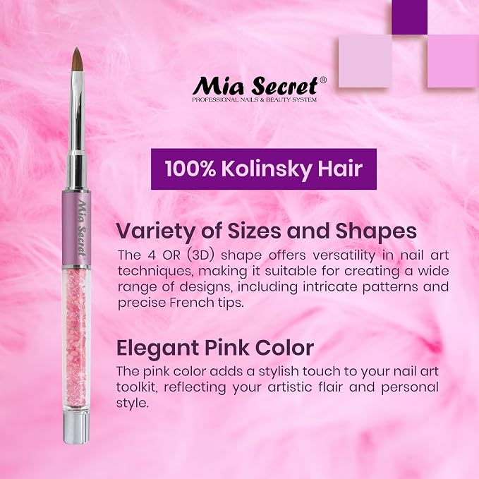 Mia Secret PREMIER NAIL BRUSHES 100% Kolinsky Hair MADE IN USA Prenium Nail Art Brushes (Pink, 4 OR (3D))