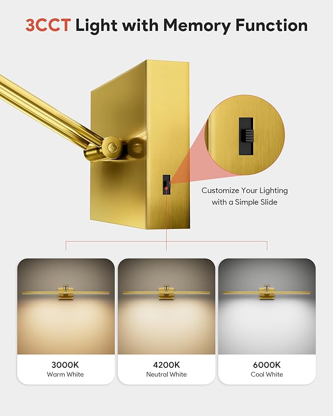 VONLUCE 30" LED Bathroom Vanity Light, 3CCT Modern LED Vanity Lights with 360° Rotatable Head Swing Arm, 11.4W Bathroom Light Fixture Over Mirror, LED Lights for Bathroom Bedroom, Brushed Gold