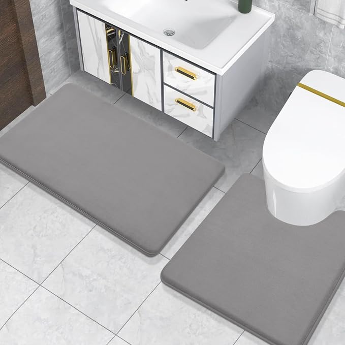 Smiry Memory Foam Toilet Rugs U-Shaped 20x20, Extra Soft Absorbent Non-Slip Contour Bathroom Rugs, Machine Washable Bath Mats for Toilet, Grey