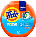 Tide PODS laundry detergent pacs, 3-in-1 Stain Remover, Odor Fighter, Color Protector, 57 Count, HE compatible, Clean Breeze Scent