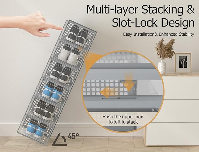 Kuject XX-Large Shoe Storage Boxes Organizers Clear Plastic Stackable 12 Pack, Shoe Rack & Holder Substitute, Sneaker Containers, Shoe Storage Organizer Bins for Closet, Under Bed, Grey(No Fold Line)