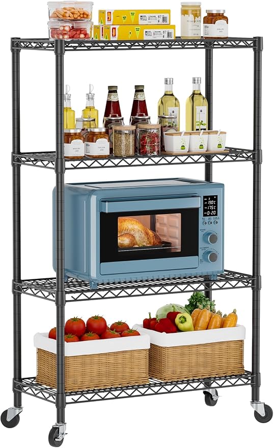 Golpart 4 Tier Shelves Storage Shelf Wire Closet Bathroom Organizers Metal Pantry Kitchen Garage Shelving Unit Laundry Room Organization Home Rack Net Basket Black with Wheels 14”D X 36”W X 58”H